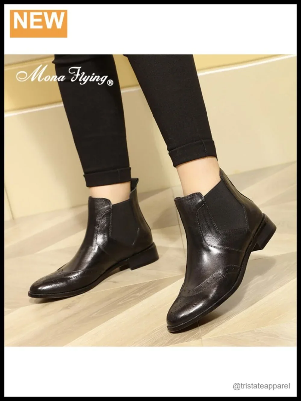 Women's Leather Chelsea Ankle Boots Low Heel Pull On Wingtip Booties